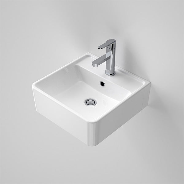 Caroma Carboni II white wall basin, square ceramic design with single taphole and chrome mixer tap on wall mount