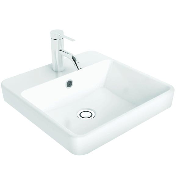 Caroma Carboni white seamless inset vanity basin, square ceramic with chrome waste and plug, angled view