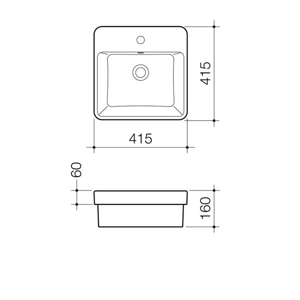 Caroma Carboni square inset vanity basin technical drawing, white ceramic, 415mm x 415mm, top and side views