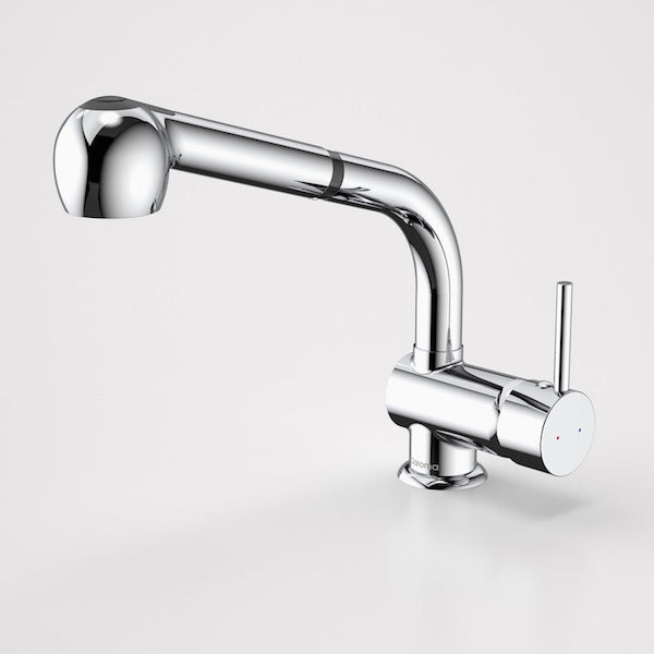 Caroma Cardinal chrome pull-out sink mixer tap with swivel spout and single lever, side view on white background