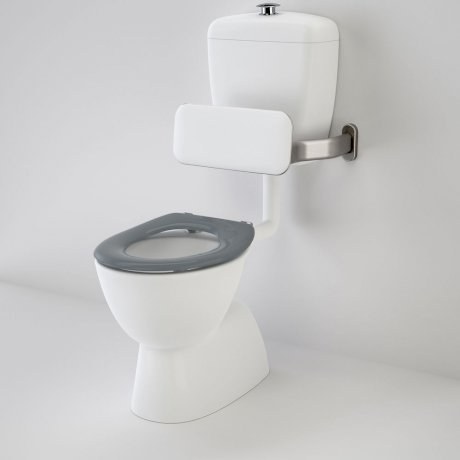 Caroma Care 400 toilet suite with backrest and anthracite grey seat, white cistern and concealed S-trap