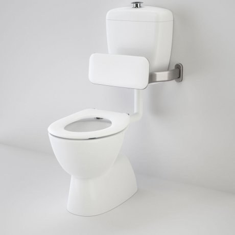 Caroma Care 400 white accessible toilet suite with backrest and single flap seat, side view