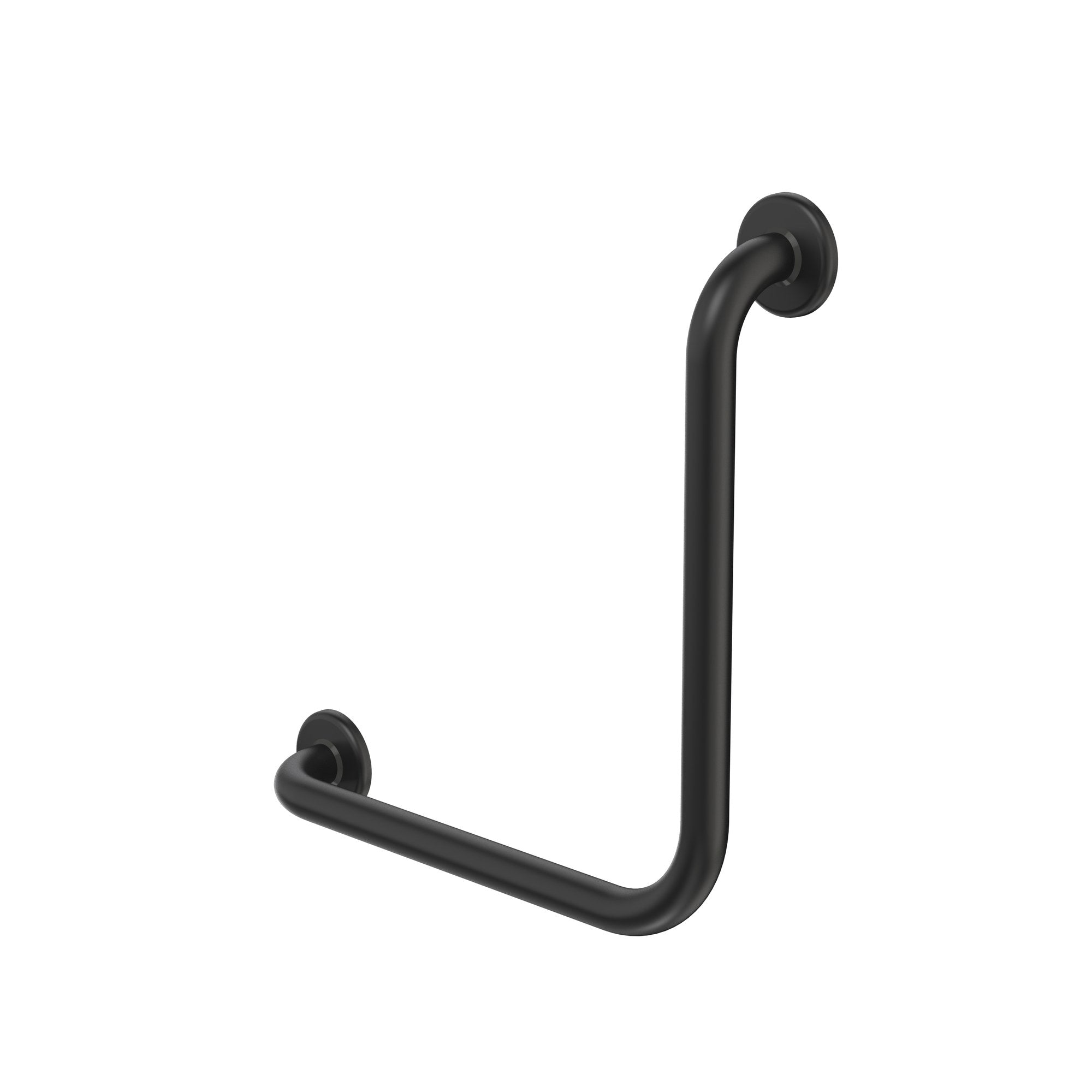 Caroma matte black 90-degree angled grab rail with two wall plates, shown in a plain product view