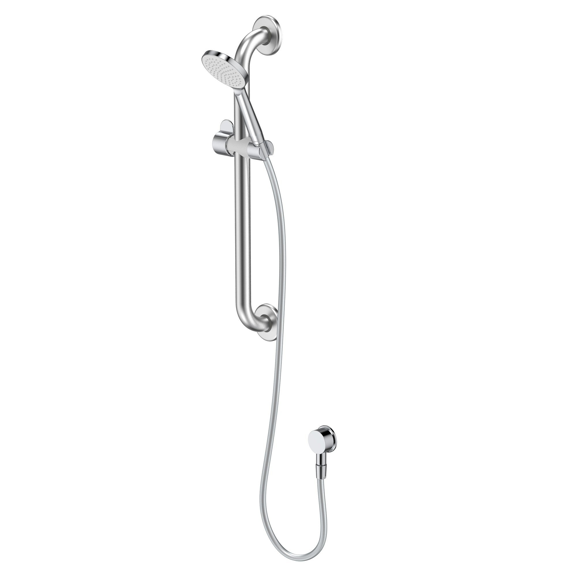 Caroma chrome care support shower set with grab rail, hand shower and hose on white background