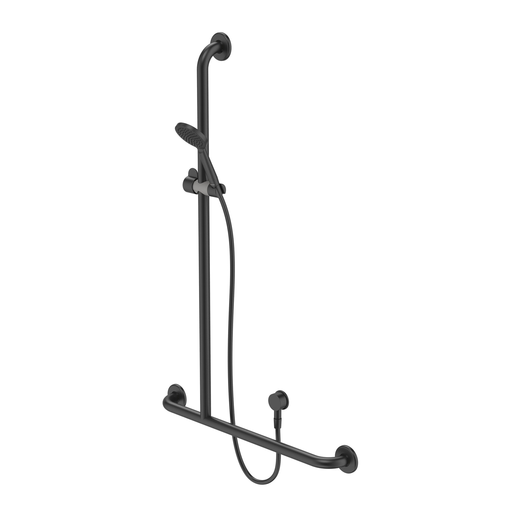 Caroma Care support shower set with inverted T rail and hand shower, matte black, left hand view