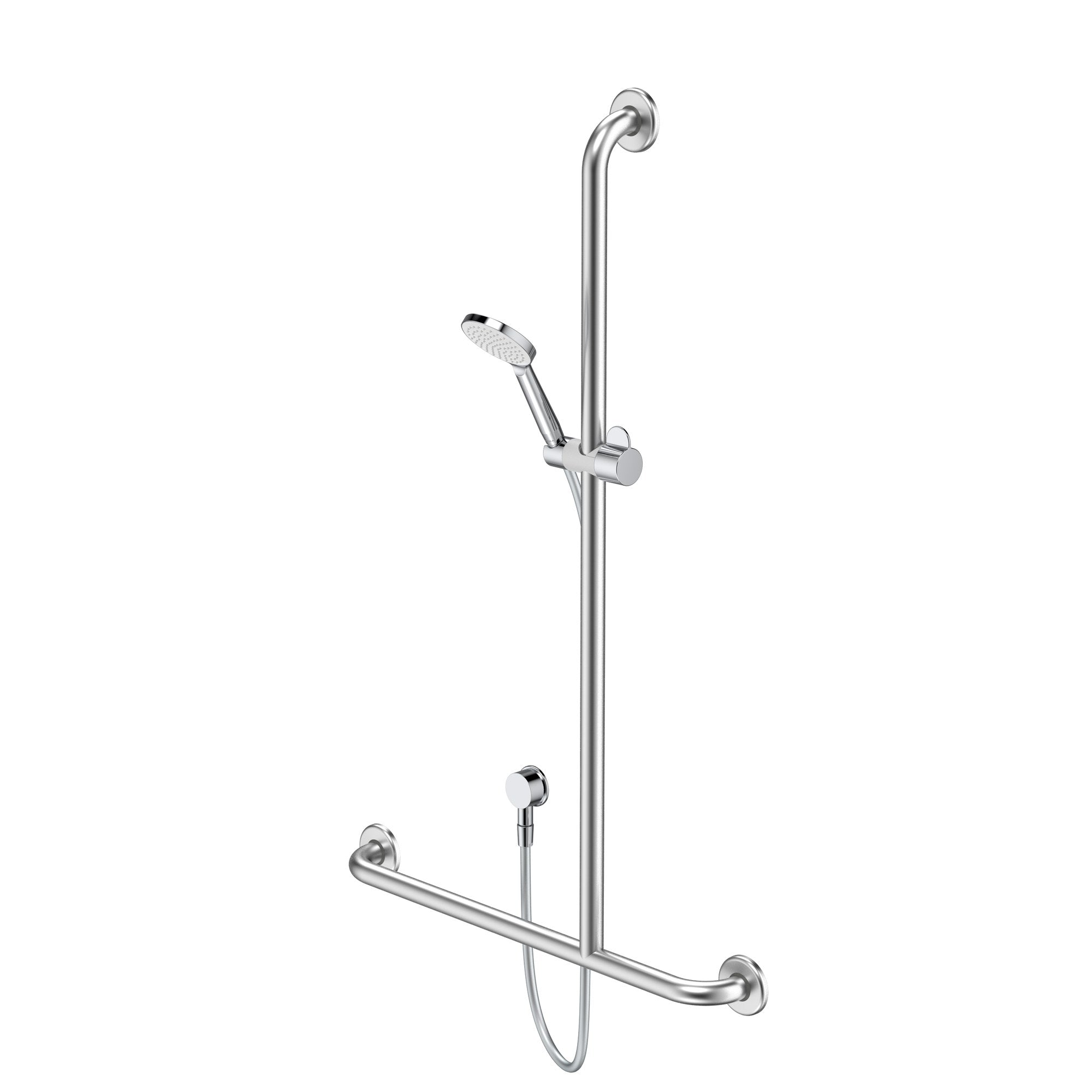 Caroma chrome shower set with inverted T grab rail, hand shower and hose, wall-mounted on white background