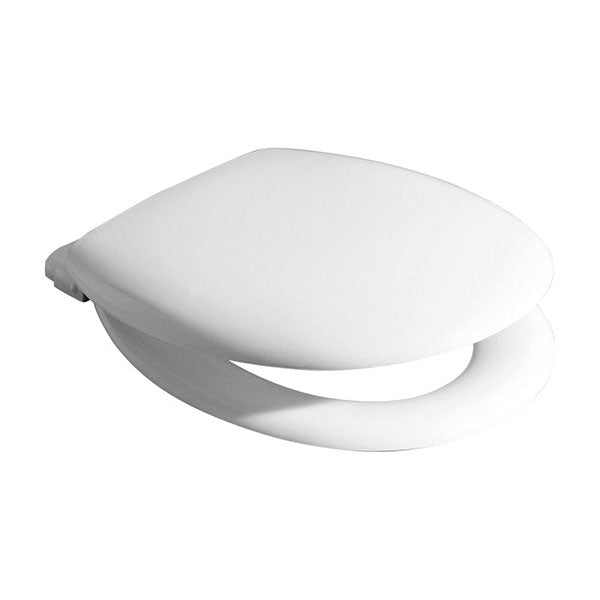 Caroma white toilet seat with soft close hinge, oval profile and quick release fitting, shown closed on white background