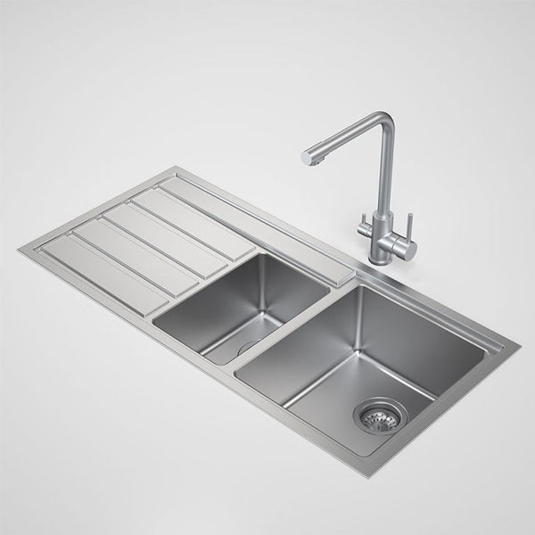 Caroma Urbane II stainless steel 1.5 bowl kitchen sink with drainer, overmount, left-hand bowl and tap hole