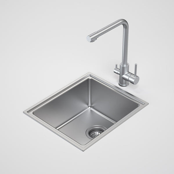 Caroma Urbane II stainless steel single bowl kitchen sink, rectangular overmount sink with mixer tap and waste