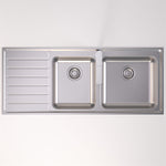 Caroma Luna stainless steel 1.75 bowl kitchen sink with side drainer, top view, right hand bowl configuration