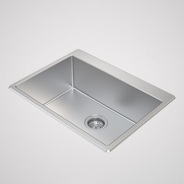 Caroma Urbane II rectangular stainless steel laundry tub, inset style with basket waste, no taphole, angled view