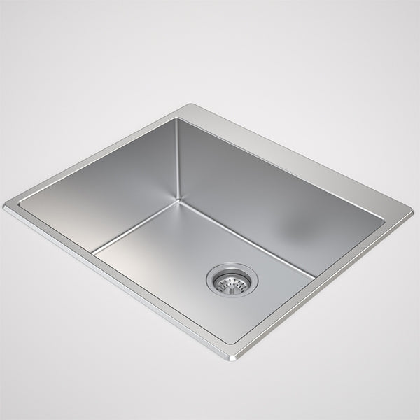 Caroma Urbane II stainless steel laundry tub with one taphole, inset square basin and basket waste, angled view