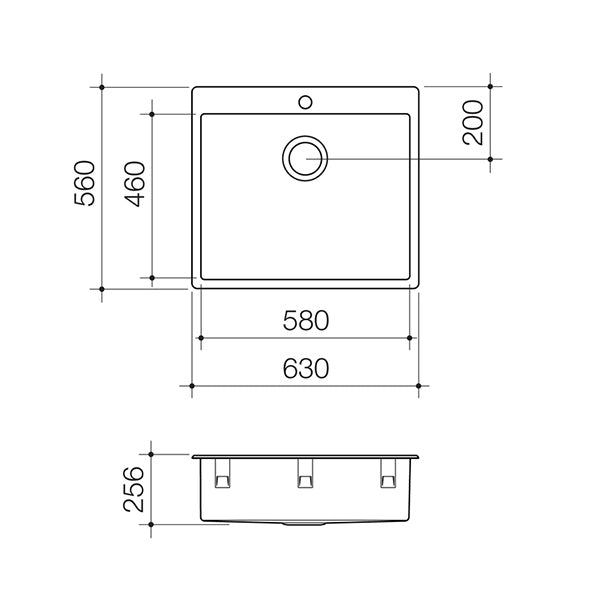 Caroma Urbane II stainless steel laundry tub technical drawing with dimensions, top and side views, one taphole and basket waste cutout