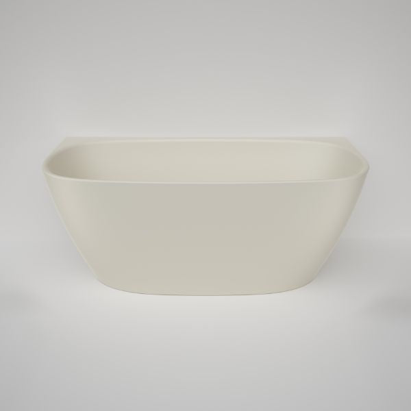 Caroma Contura II back to wall freestanding bath in matte clay, oval acrylic bath with slim rim and centre waste opening