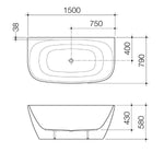Caroma Contura II back to wall freestanding bath technical drawing, matte white oval 1500mm, top and side views with dimensions