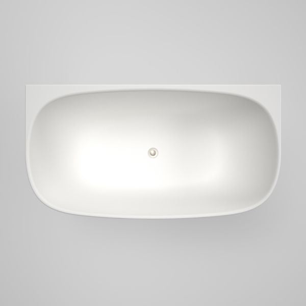 Caroma Contura II oval back to wall freestanding bath in matte white, top view with centre waste hole