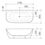 Caroma Contura II bath technical drawing, back-to-wall freestanding bath, 1700 x 800mm oval profile, centre waste