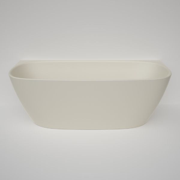 Caroma Contura II back to wall freestanding bath in matte clay, oval acrylic bath with slim rim and no overflow, front view