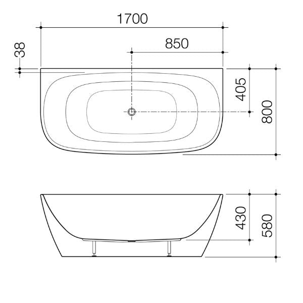 Caroma Contura II 1700mm back to wall freestanding bath technical drawing, oval matte white with dimensions shown