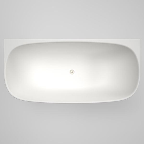 Caroma Contura II matte white oval back to wall freestanding bath, top view, with centre waste hole