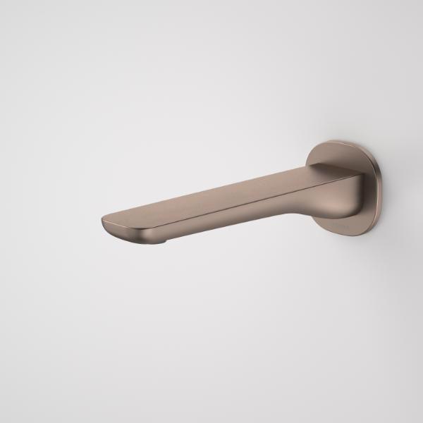 Caroma Contura II wall-mounted basin/bath outlet in brushed bronze, side view with 180mm spout