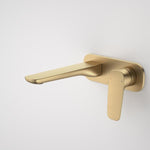 Caroma Contura II wall basin/bath mixer in brushed brass, wall-mounted tap with 180mm spout and single lever