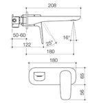 Caroma Contura II wall basin/bath mixer technical drawing, matte black, showing 180mm spout reach and dimensions