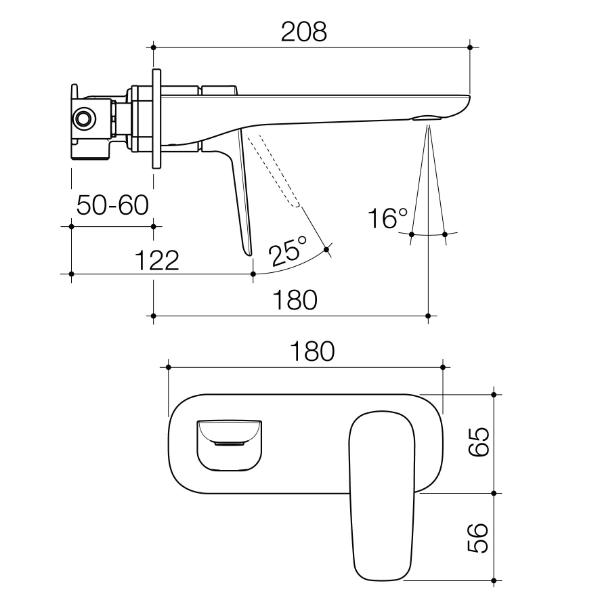 Caroma Contura II wall basin/bath mixer technical drawing, matte black, showing 180mm spout reach and dimensions