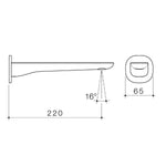 Caroma Contura II 220mm wall-mounted basin/bath outlet technical drawing in brushed bronze, with dimensions 220mm and 65mm