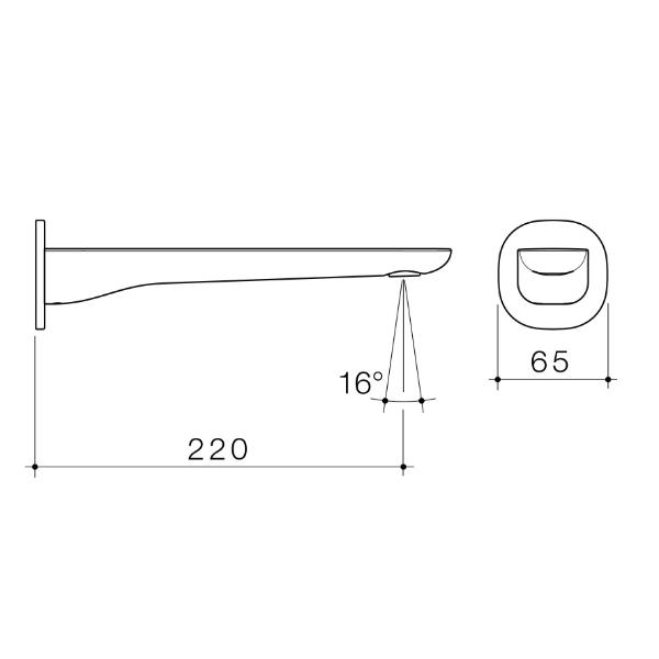 Caroma Contura II 220mm wall-mounted basin/bath outlet technical drawing in brushed bronze, with dimensions 220mm and 65mm