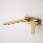 Caroma Contura II wall basin/bath mixer in brushed brass, wall-mounted tap with long spout and lever handle