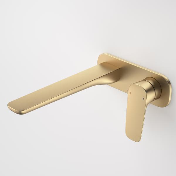 Caroma Contura II wall basin/bath mixer in brushed brass, wall-mounted with long flat spout and single lever handle