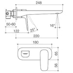Caroma Contura II wall basin/bath mixer technical drawing, showing 220mm spout reach, 248mm overall length and angled side view in brushed bronze.