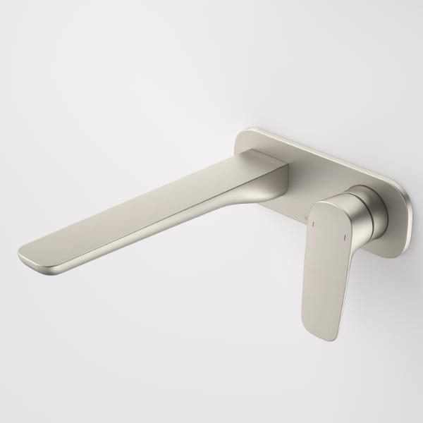 Caroma Contura II wall basin/bath mixer, brushed nickel, with long spout and single lever handle
