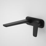Caroma Contura II wall basin/bath mixer in matte black, wall-mounted with long flat spout and lever handle