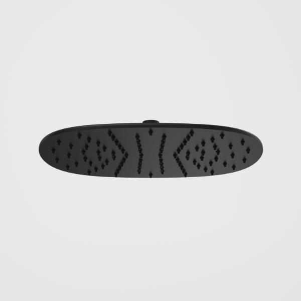 Caroma Contura II 300mm round rain shower head in black, front view on a light background