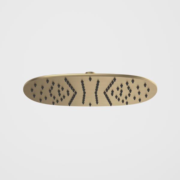 Caroma Contura II 300mm rain shower head in brushed brass, round overhead view with black nozzles