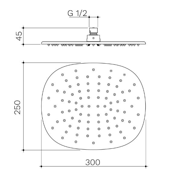 Caroma Contura II 300mm rain shower head, brushed bronze, technical dimension drawing with 300 x 250mm measurements