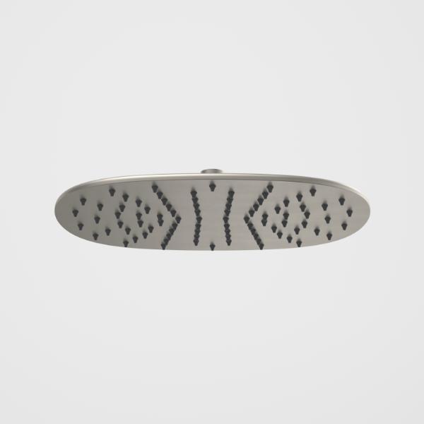 Caroma Contura II 300mm rain shower head in brushed nickel, oval face shown front-on on white background