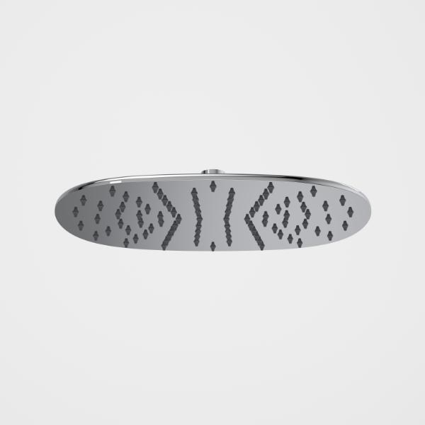 Caroma Contura II 300mm chrome rain shower head, oval front view with patterned spray nozzles