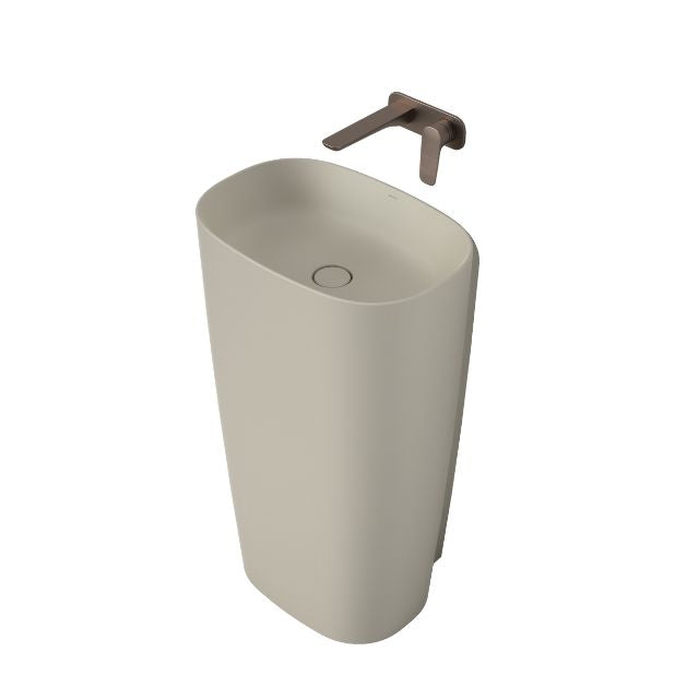 Caroma Contura II freestanding basin in matte clay, oval ceramic form with no tap hole, shown with wall mixer above