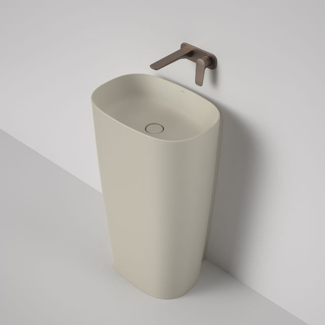 Caroma Contura II freestanding basin in matte clay, oval ceramic wall-mounted style with no tap hole and modern slim rim