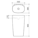 Caroma Contura II freestanding basin technical drawing, matte clay oval ceramic, 530mm x 900mm with single taphole-ish centre drain