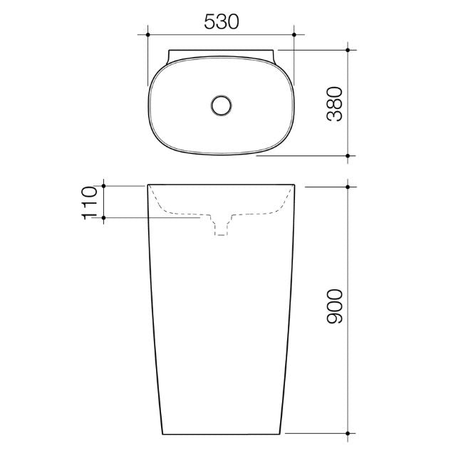 Caroma Contura II freestanding basin technical drawing, matte clay oval ceramic, 530mm x 900mm with single taphole-ish centre drain
