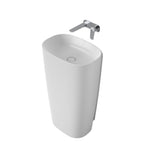 Caroma Contura II white freestanding basin, oval ceramic pedestal sink with tap shown above on white background
