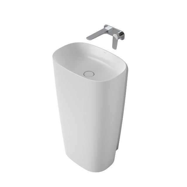 Caroma Contura II white freestanding basin, oval ceramic pedestal sink with tap shown above on white background