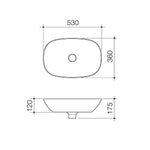 Caroma Contura II above counter basin technical drawing, 530 x 360mm oval ceramic basin in Matte Clay with 120mm height.
