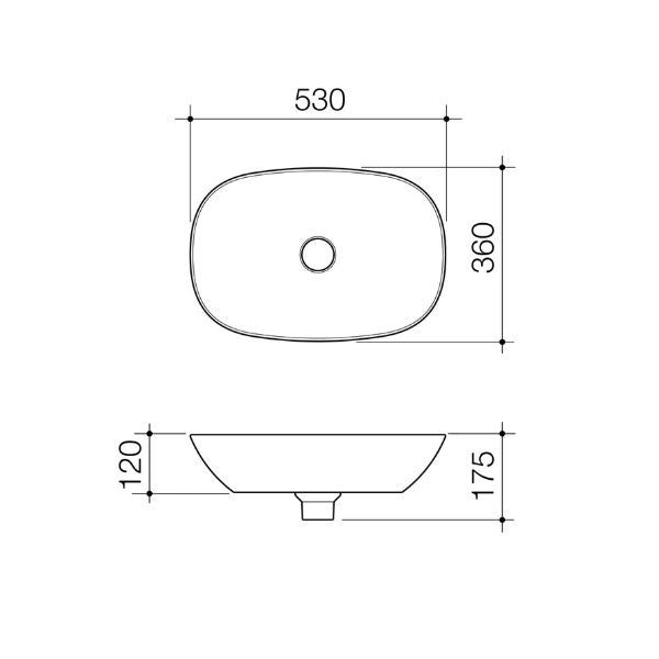 Caroma Contura II above counter basin technical drawing, oval matte white ceramic, 530 x 360mm, top and side views