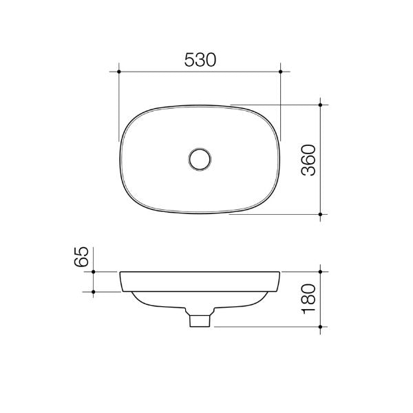 Caroma Contura II 530mm inset basin technical drawing, oval matte clay ceramic, 0 tap holes, front and side dimensions shown