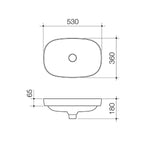 Caroma Contura II inset basin technical drawing in white, 530 x 360mm oval ceramic basin with side and front dimensions